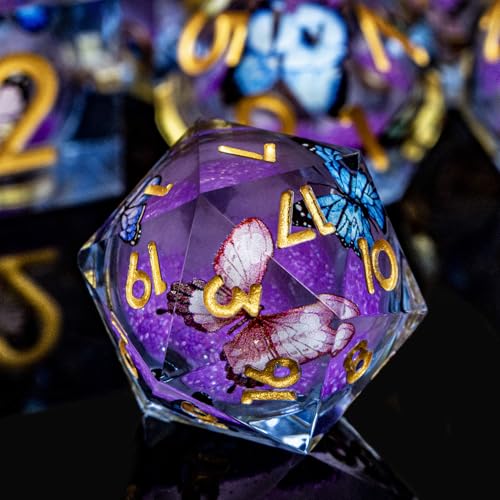 Butterfly DND Dice Purple Liquid Core Dice Set with Metal Box, Handmade Sharp Edge D and D Polyhedral Dice for use with D&D Role Playing Game, D20 D12 D10 D8 D6 - color: Qs-04