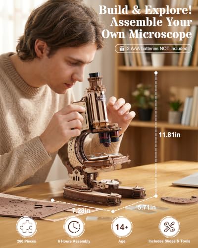 ROKR Wooden 3D Puzzle Building Kit, Real Optical Microscope with 40X-400X Magnification, STEM Science Toy for Students and Adults(ST005)