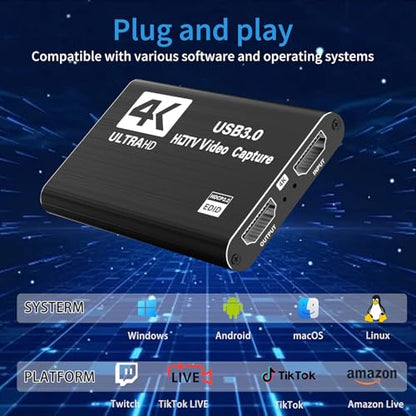 Video Capture Card,USB 3.0 Audio Video Capture Card 4K HDMI Loop-Out, Full HD1080P 60FPS/2K 30FPS Video Game Capture for Streaming Works for Xbox/PS5/Switch/Camera/PC/OBS/Nintendo Switch(Black)