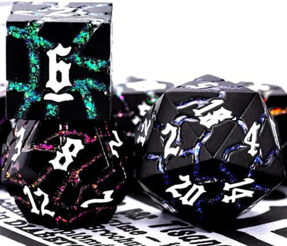 Cracked Rune Metal Dice Set for DND & RPG – Dark Fantasy Fractured Design, Premium Heavy Metal Polyhedral Dice with Deep Engraved Numbers, 7-Piece Set – Arcane Spectrum Vein - color: Matte Black 7 Colors