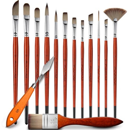 14pcs Acrylic Paint Brushes, Professional Synthetic Bristles Paint Brush Set with Extra Palette Knife - Flat, Filbert, Fan, Dagger, Round, Angle, Rigger Paint Brushes for Oil, Acrylic Canvas Paintings - color: Yellow