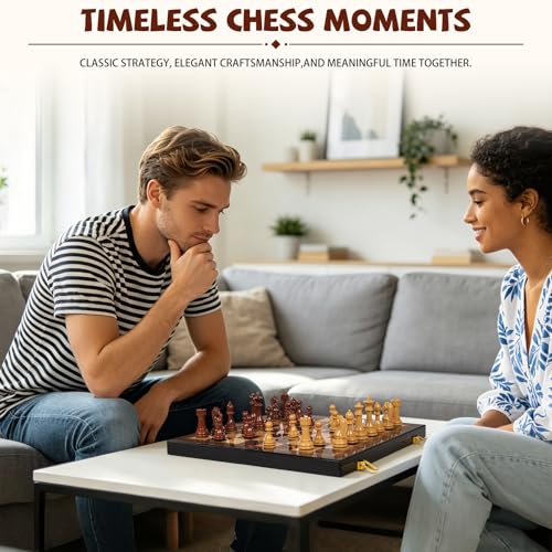 2 in 1 Chess Set and Checkers Board Game, 15 Inch Wooden Folding Chess Board with Acrylic Chess Pieces and Wooden Checkers, Classic Strategy Game Set for Kids and Adults, Travel Chess Set