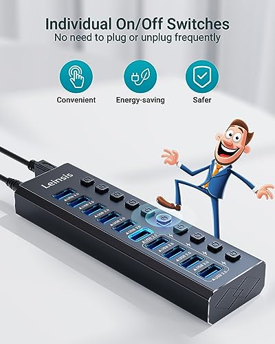 Powered USB Hub 3.0, Leinsis 10-Port USB 3.0 Hub [Durable Aluminum] 10 Data Transfer Ports+ 4 Smart Charging Ports with Individual On/Off Switches, USB Hub 3.0 Powered with Power Adapter for Laptop PC - size: 10-Port USB 3.0 Hub