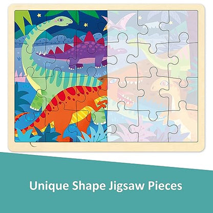 Wooden Puzzles for Kids Ages 3-5, 4 Packs 24 Piece Jigsaw Puzzles for 3 Year Old Boys Girls, Farm Urban Dinosaur Forest Animals Preschool Educational Brain Teaser Boards Toys