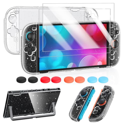 FYOUNG Protective Case for Nintendo Switch 2, Slim Hard Shell Accessories | Switch 2 Accessories Cover, Scratch&Shock Protection with Screen Protector, 8 Thumb Grip (Transparent Glitter) - color: Transparent Glitter
