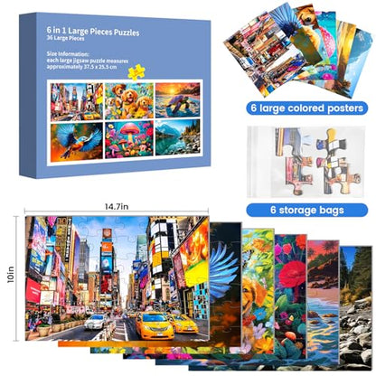 36 Large Piece Puzzles for Seniors 6 Pack,Dementia Puzzles Turtle Dog Bird Mushroom Beach Lake Jigsaw Puzzle Dementia Alzheimer's Products and Activities for Seniors Elderly Adult - style: 36 Large Pieces