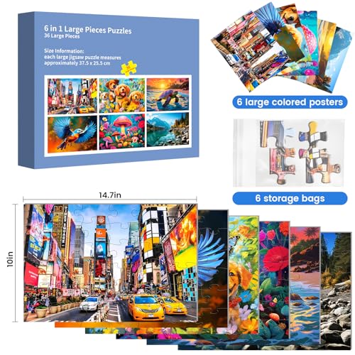 36 Large Piece Puzzles for Seniors 6 Pack,Dementia Puzzles Turtle Dog Bird Mushroom Beach Lake Jigsaw Puzzle Dementia Alzheimer's Products and Activities for Seniors Elderly Adult | Mushroom Beach Lake Jigsaw Puzzle Dementia Alzheimer's Products and Activ
