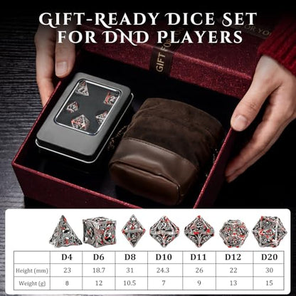 MoKo Dragon Hollow Metal DND Dice Set, Red+Silver | 7 Pcs Polyhedral, D20 D12 D10 D8 D6 D4, For Dungeons and Dragons RPG Games, With Gift Box - color: 4 - Red+sliver