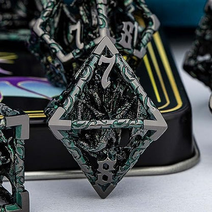 ARUOHHA Hollow DND Dice Set Black Green 5-Headed Dragons D and D Dice with Gift Box, RPG Role Playing Games 7PCS Metal Dungeons Polyhedral Dice Set D20 D12 D10 D8 D6 D4 - color: Black Green-02