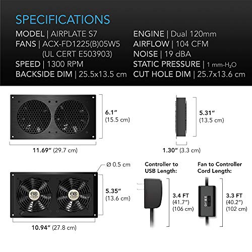 AC Infinity AIRPLATE S7, Quiet Cooling Fan System 12" with Speed Control, for Home Theater AV Cabinets - size: Dual 120