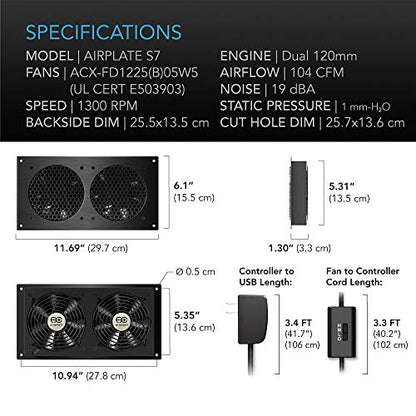 AC Infinity AIRPLATE S7, Quiet Cooling Fan System 12" with Speed Control, for Home Theater AV Cabinets - size: Dual 120