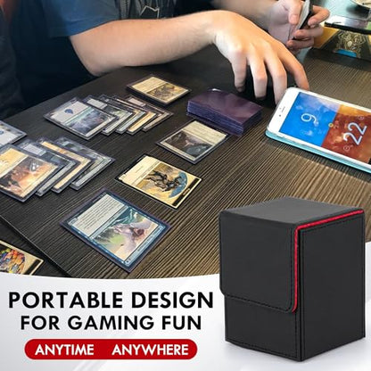 180+ Card Deck Box with 3 Dividers and Game Dice | red, dustproof, waterproof leather holds 180+ sleeved cards 110+ single-sleeved cards, 80+ double-sleeved - color: Red