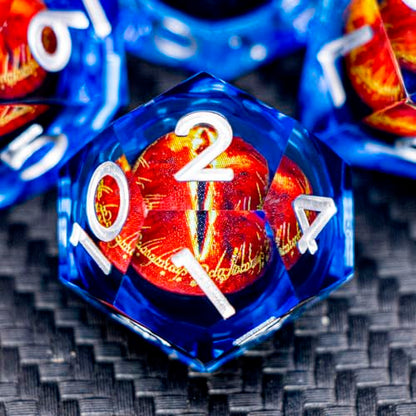 ARUOHHA DND Resin Dice Gazes Eye Dice Silver Blue Liquid Core Flaming RPG Sharp Edged Dice Set with Gift Box, Polyhedral D and D Dice Set Compatible with Dungeons Dragons Role Playing Game D20 D6 - color: Sl01-blue Silver