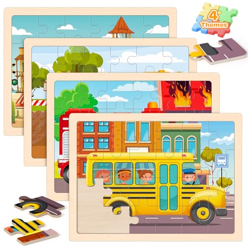 Puzzles for Kids Ages 4-6, 4 Packs 24 Pcs Wooden Jigsaw Puzzles for Toddlers Ages 2-4, Preschool Educational Vehicle Puzzle Toys Gifts for 3 4 5 6 Boys Girls - style: Vehicle