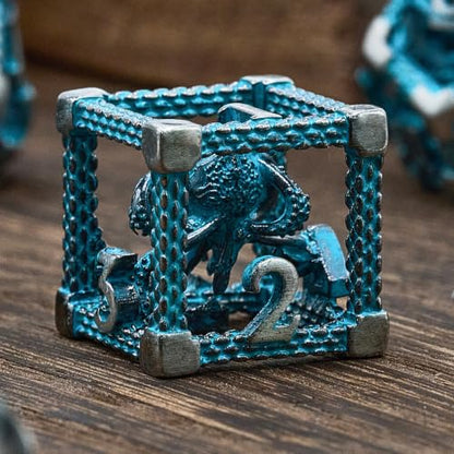 Hollow Cthulhu Metal Dice Set,7-Piece RPG Dice,Sliver Blue | Lightweight Copper Dice,Easy-To-Read Numbers,a Gift Box and Velvet Bag for RPG Play,Gifting and Collecting. - color: Cthulhu Blue