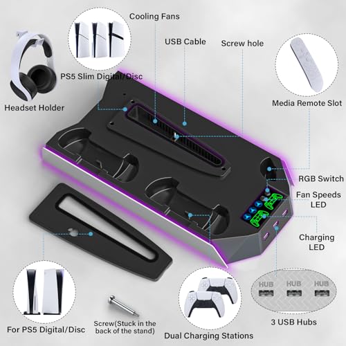 PS5 / PS5 Slim Cooling Station Stand LED with Dual Controller Charging Station for PlayStation 5 Console, PS 5 Accessories Incl. Controller Charger, Cooling Fan, Headset Holder, 3 USB Hub-White&Black - color: RGB WHITE & BLACK