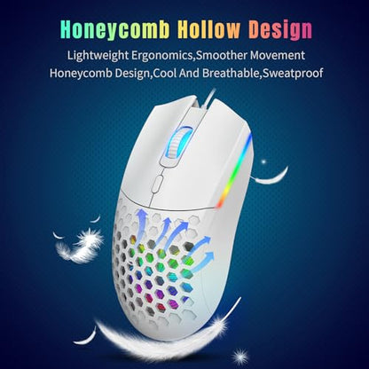 Zopsc Gaming Mouse, Wired RGB Backlit 6400DPI, Lightweight Ergonomic Mouse, Colorful Lighting for PC Gaming Office Work, S500 White - color: S500 White
