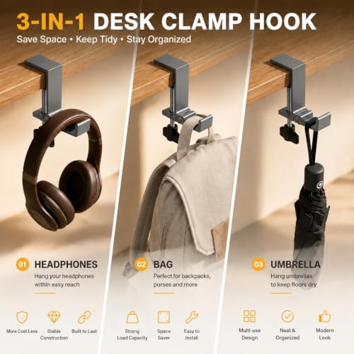 JAKO Headphone Stand for Desk, Aluminum Alloy Foldable Headphone Holder - Headset Stand Hook Mount, PC Gaming Headset Holder Under Desk Clamp for Office, Computer, Student Class Table, Handmade Table
