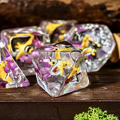 Cusdie 7-Die DND Dice, Polyhedral Dice Set Filled with Animal, for Role Playing Game D&D Dice (Bee Purple Flower) - color: Bee Purple Flower
