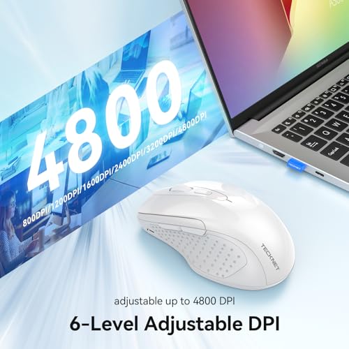 TECKNET Rechargeable Jiggler Wireless Mouse, Dual-Mode Connectivity, White | Silent USB A & Bluetooth Mouse, 6 Adjustable DPI, 6 Buttons, Ergonomic Design, Long Battery Life, Multi-Device Compatibility - color: White