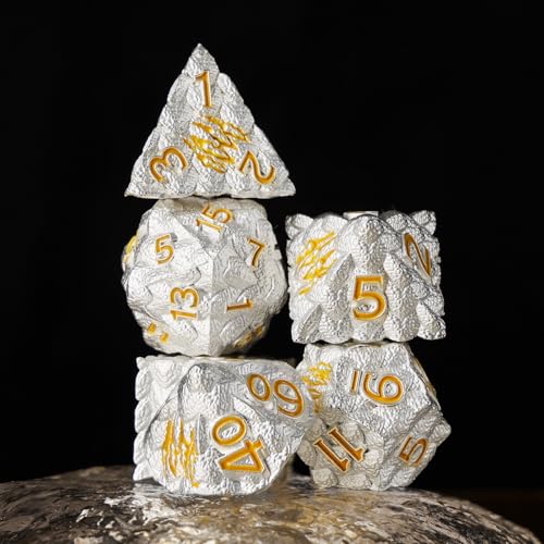 Dragon Scales Metal Dice Set with Intricate Dragon Claw Engravings - Gift Metal Box for D&D, MTG, RPG Tabletop Games（White） - color: White Dragon Scale (Dragon Claw)