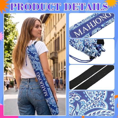 34 Inch Long Mahjong Mat Bag Cute Double Strapped Canvas Drawstring Mahjong Holder Lightweight Outdoor Carrying Bag for Board Games Travel Storage-Mat Not Include (Dark Blue,Paisley,1 Pc) - color: Dark Blue, style: Chinoiserie