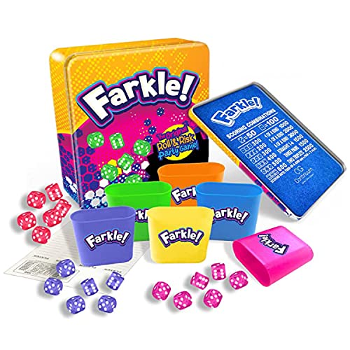 Farkle Deluxe Dice Games Set Includes 36 Colorful Dice, 6 Rolling Cups, Rolling Tray, and Score Sheets The Classic Push-Your-Luck Dice Game - style: Deluxe