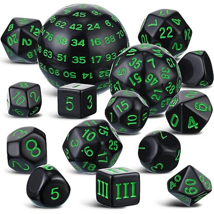 Civaner 15 Pcs Complete Polyhedral Dice Set D3-D100 Spherical RPG Dice Set in Opaque Black, 100 Sides for Role Playing Table Games Party Supplies(Black and Green) - color: Black and Green