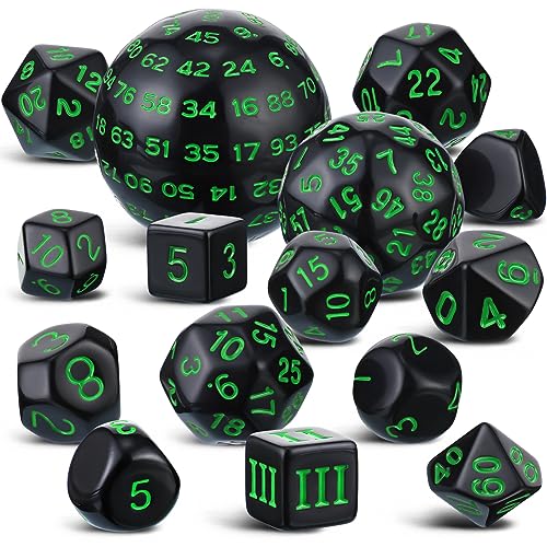 Civaner 15 Pcs Complete Polyhedral Dice Set D3-D100 Spherical RPG Dice Set in Opaque Black, 100 Sides for Role Playing Table Games Party Supplies(Black and Green) - color: Black and Green