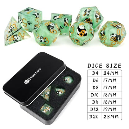 Haxtec Panda DND Dice Set Green Sharp Edge Resin Dice Set with Dice Case, Animal Sticker D and D Dice Polyhedral D&D Dice Set for Dungeons and Dragons TTRPGs DND Gift - color: Green Black
