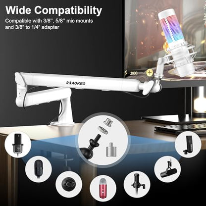 Microphone Arm,Aokeo AK-55 Desk Low Profile Adjustable Mic Boom Arm Stand,Suitable For Blue Yeti,Snowball iCE, HyperX QuadCast,SoloCast,Elgato Wave,Etc - color: White