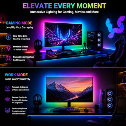 RGB Monitor Backlight with Screen Sync, Dual USB Powered Ambient Lighting Kit for 27 Inch Gaming Monitors, Music Mode, Immersive Dynamic LED Strip Lights for PC Setup (4 Sides - 27 inch) - size: 4 Sides - 27 inch