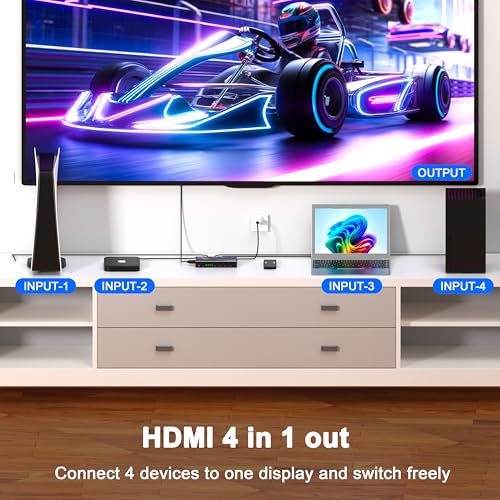 4K@60Hz HDMI Switch 4 in 1 Out 1080P@120Hz HDMI Switcher 4 Ports Selector with Remote Support 18Gbps HDR 10+ Dolby Vision/Atmos HDCP 2.2, RS232 Control