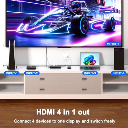 4K@60Hz HDMI Switch 4 in 1 Out 1080P@120Hz HDMI Switcher 4 Ports Selector with Remote Support 18Gbps HDR 10+ Dolby Vision/Atmos HDCP 2.2, RS232 Control