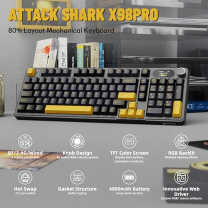 MAMBASNAKE Attack Shark X98 Pro Wireless Mechanical Keyboard with Screen & Knob, 2.4G/USB-C/BT5.0 Gasket Hot Swappable Creamy Keyboard102 Keys, Web Driver RGB Gaming Keyboard for PC/Mac/PS4/Xbox - color: Black/Yellow