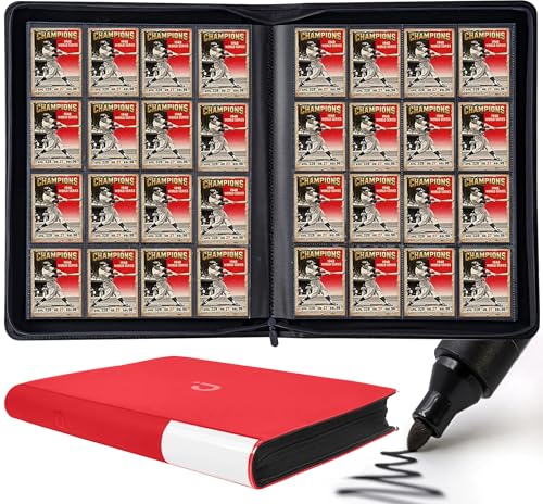 Premium Card Binder 16 Pocket - Fits 1408 Cards，4X4 Ringless Card Album with Sleeves for Trading Cards & Sports Cards（Model A，Classic Red） - color: Classic Red