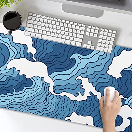 Japanese Blue and White Wave Gaming Mouse Pad XL Anime Sea Texture Extended Large Desk Mat Big Mousepad Non-Slip Rubber Base Stitched Edge Long Desk Pad for Desktop PC Computer Gamer,31.5×11.8 Inch - color: Blue Wave, size: 31.5 x 11.8 inches