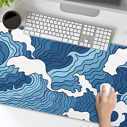 Japanese Blue and White Wave Gaming Mouse Pad XL Anime Sea Texture Extended Large Desk Mat Big Mousepad Non-Slip Rubber Base Stitched Edge Long Desk Pad for Desktop PC Computer Gamer,31.5×11.8 Inch - color: Blue Wave, size: 31.5 x 11.8 inches
