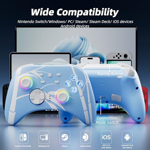 Mytrix Wireless Pro Controller, Hall Effect Bluetooth Controllers for Nintendo Switch, PC, Steam, iPad, Mac, Tablet, Laptop, with RGB Light/Macro Keys/Turbo Button, Bamboo Blue - color: Blue