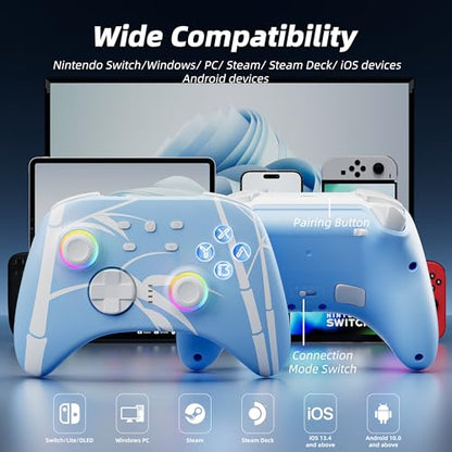 Mytrix Wireless Pro Controller, Hall Effect Bluetooth Controllers for Nintendo Switch, PC, Steam, iPad, Mac, Tablet, Laptop, with RGB Light/Macro Keys/Turbo Button, Bamboo Blue - color: Blue