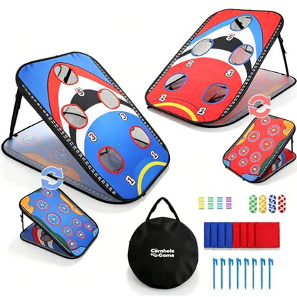 ROSE ME Corn Hole Boards Set, Double Sided, Portable, 3x2 ft, with 5 Holes | Collapsible, with 8 Bean Bags, 12 Sticky Balls, Free Carry Case, Adults Outdoor Toss Games for Yard Lawn Beach Indoor