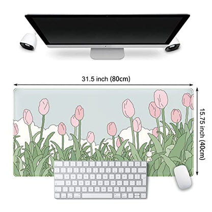 WatercolorTulip Flower Mouse Pads,Extended Gaming Mousepad XXL Kawaii Anime Desk Mat Pink Green Large Full Desk Mouse Pad for Wireless Mouse Keyboard Mat with Stitched Edges 31.5" x15.75 - color: A Pink Tulip