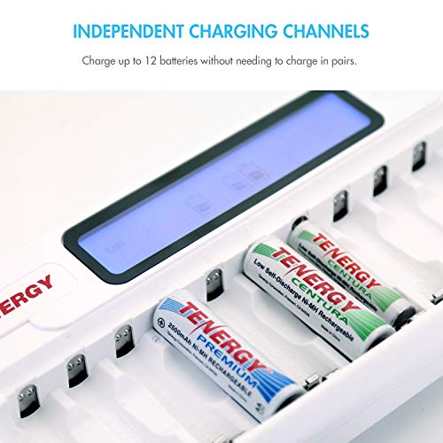 Tenergy TN160 12-Bay LCD NiMH/NiCD AAA/AA Battery Charger + 12x AA NiMH Rechargeable Batteries, Double A Batteries for Everyday Electronics - size: Charger + 12 Pack NiMH AA
