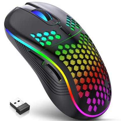 Wireless Gaming Mouse, Rechargeable Computer Mouse Ergonomic Mice Honeycomb Design with RGB Backlight, USB Receiver, 7 Buttons, Adjustable DPI, Wireless Mouse for PC/Mac/Laptop