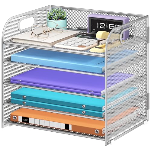 Cawukege 5 Tier Paper Organizer with Handle, Silver Metal Mesh Desk Organizer File Folder Paper Letter Tray Desktop Document Sorter for Classroom, School, Office Accessories Organization and Storage - color: Silver