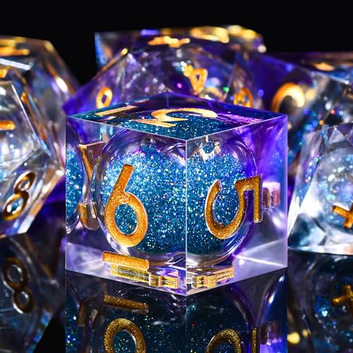 AUSTOR Liquid Core Resin DND Dice Sharp Edge Polyhedral Dice 7-Die DND Dice Set Quicksand Handmade Resin Dice for Dungeons and Dragons RPG MTG Table Games, Violet & Blue - color: Violet & Blue