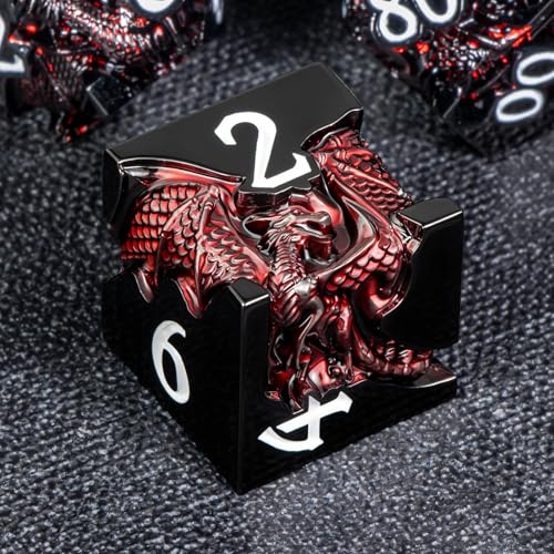 Roycevon Relief Dragon DND Dice Set for Role Playing Game, 7Pcs Metal D&D Dice Set Dungeons Dragons with Gift Box, Polyhedral D and D Dice D20 D12 D10 D8 D6 D4, Red and White - color: Red and White