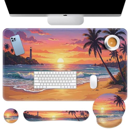 Britimes Beach Sunset Keyboard Mouse Pad Set Tropical Coastal 4in1 Large Mousepad+Keyboard Wrist Rest+Mouse Wrist Rest+Coaster Ergonomic Design for Home Office Computer 35.4x15.7 inches - color: Beach Sunset