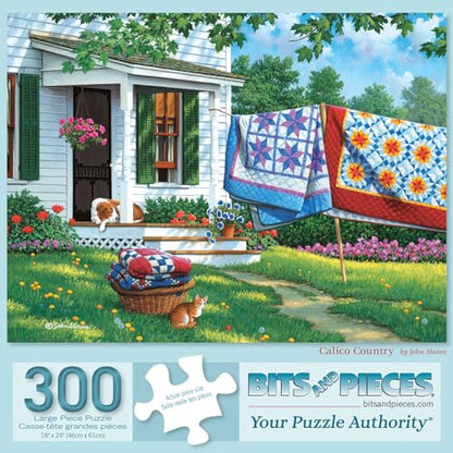 Bits and Pieces - 300 Piece Jigsaw Puzzle for Adults - 18" x 24" - Calico Country - 300 pc Large Piece Quilts Dog and Cat Jigsaw by John Sloane - size: 300 Piece Puzzle