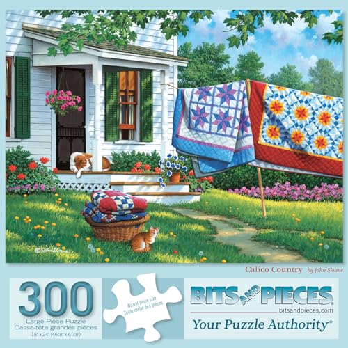 Bits and Pieces - 300 Piece Jigsaw Puzzle for Adults - 18" x 24" - Calico Country - 300 pc Large Piece Quilts Dog and Cat Jigsaw by John Sloane - size: 300 Piece Puzzle